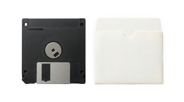 Vintage 35inch floppy disk with white paper sleeve isolated on transparent background