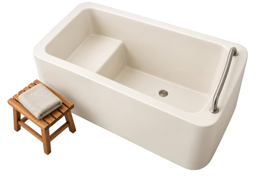 Cream Japanese soaking tub with metal grab bar and wooden stool isolated