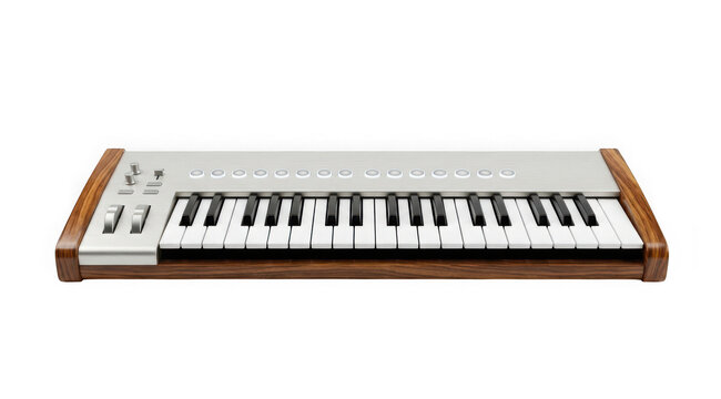 Modern midi keyboard controller with wooden side panels isolated on transparent background