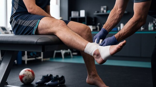 Close-up of sports doctor applying elastic adhesive bandage to bruised and swollen ankle of soccer player sitting on clinic examination bed.