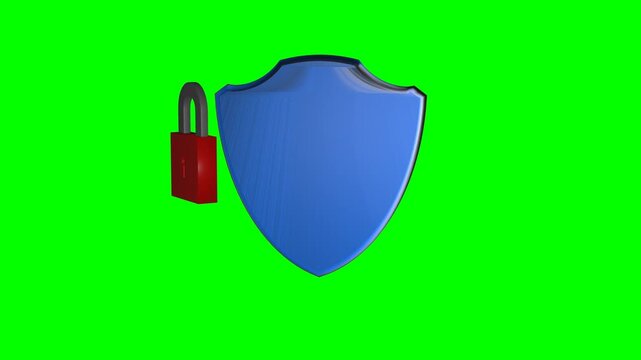 Seamless 3D shield security animation with orbiting padlock on green screen. Animation representing cyber security & protection, featuring padlock orbiting around shield while rotating on its own axis