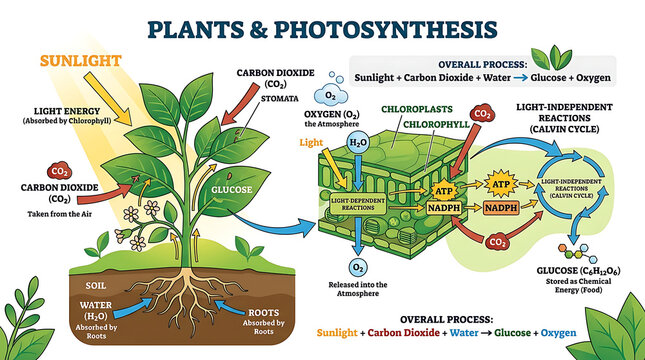 Photosynthesis Plant Science Educational Diagram, Plant Biology Process Infographic Chart, Light Energy and Glucose Conversion Vector Illustration