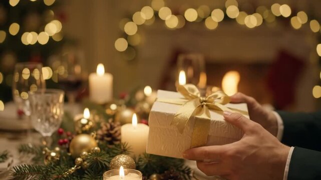 closeup of hands giving wrapped gift box with ribbon over christmas holiday dinner table with candles. family celebrating winter eve with present exchange. festive celebration, greeting card.