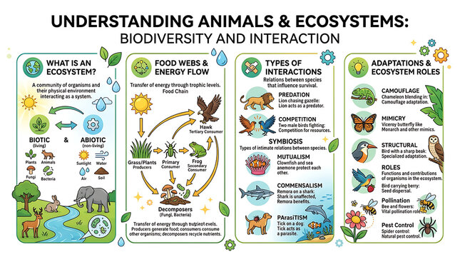 Educational ecosystem poster, biodiversity science diagram, understanding animals and food web chart layout for school classroom decor