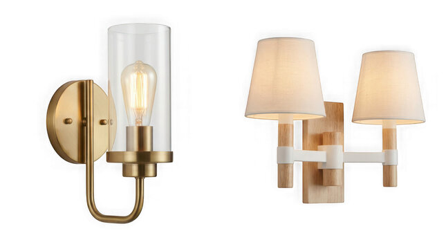 Modern wall lamps set with brass and wooden fixtures isolated on transparent background