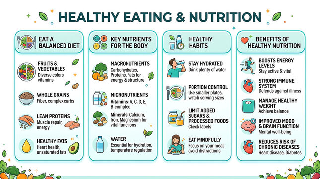 Healthy eating and nutrition infographic guide, balanced diet and wellness visual chart, health tips educational poster design