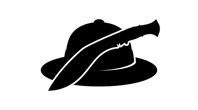 Black silhouette of a safari pith helmet and curved kukri knife