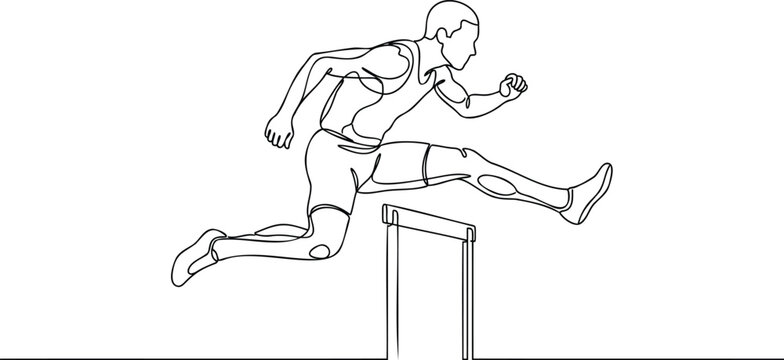 Continuous line of a male athlete jumping over a hurdle race track and field runner