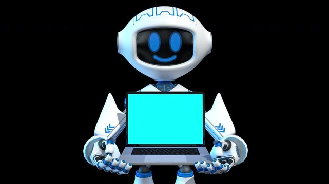 Camera zooms in on a small white robot seen from the front, holding a laptop with a blue screen that opens in its hands, and the robot winks. Sequence with alpha channel. 3D Animation