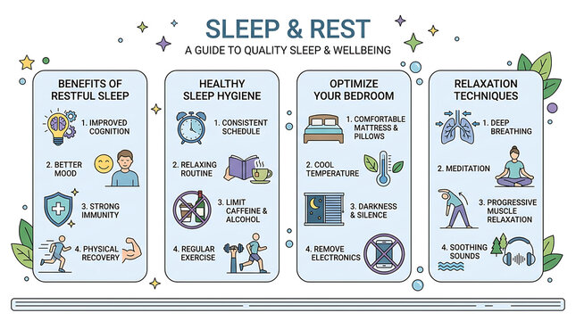 Sleep and Rest Infographic Guide to Quality Sleep, Health Hygiene and Relaxation Techniques Banner