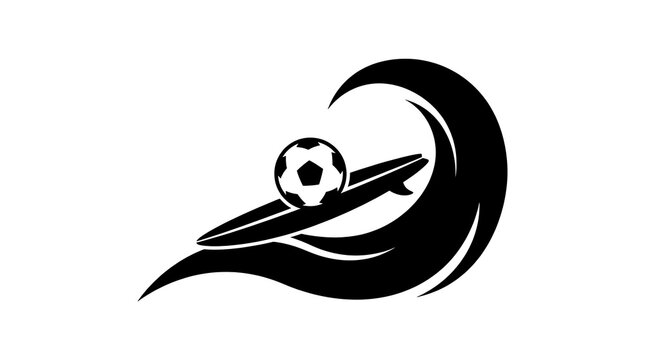 Soccer ball surfing on surfboard with stylized wave silhouette