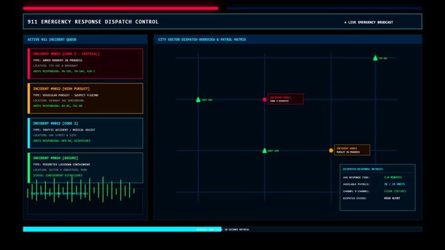 Futuristic Emergency Dispatch Control Panel with Incident Tracking Map and Digital Interface Data