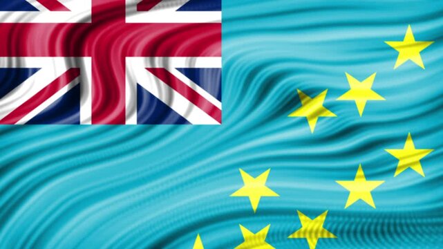 Waving flag of tuvalu, a pacific island nation, featuring the union jack and nine yellow stars on a blue field