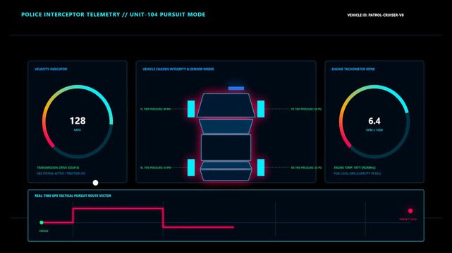Futuristic Police Interceptor Telemetry Dashboard with High Speed Pursuit Mode Digital UI Animation