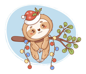 Obraz premium Christmas Sloth Cute Kawaii Character. Funny Baby Animal Hanging on Tree Branch with Santa Hat with Mistletoe and Lights Garland Baubles. Vector Illustration for Winter New Year Holiday Design.