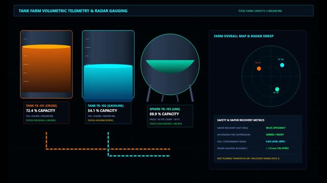 Industrial Tank Farm Volumetric Telemetry Dashboard Display Monitoring Oil and Gas Storage Facility