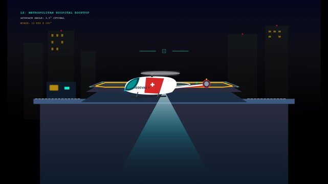 Medical Rescue Helicopter Landing on Metropolitan Hospital Rooftop Heliport at Night Vector Graphics