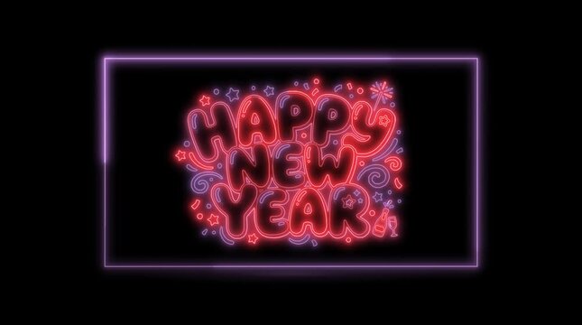Neon happy new year sign with glowing red and purple lights on a black background