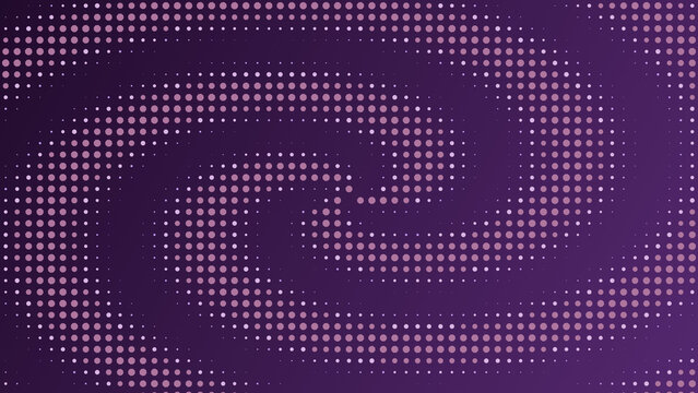 Abstract background, with a swirling, spiral pattern of, small white circular, halftone dots on, a deep purple, gradient circular motion backdrop isolated on a transparent background