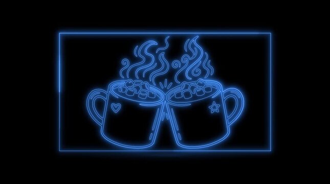 Neon sign of two mugs of hot cocoa with marshmallows clinking together on a black background