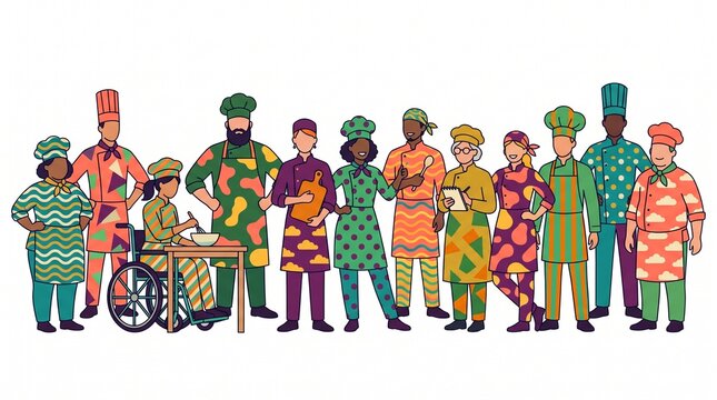 Diverse group of cartoon chefs and bakers standing together on white b
