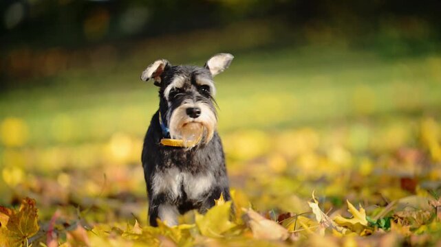 Miniature Schnauzer sits among golden autumn leaves and attentively looks around in a warm outdoor pet portrait.