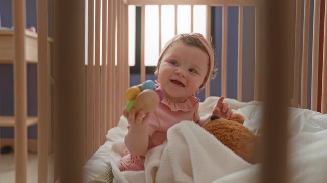 Baby girl reaches hand for colorful rattle while clutching teddy in a wooden crib nursery, looking upward with curious gaze; tender curiosity.