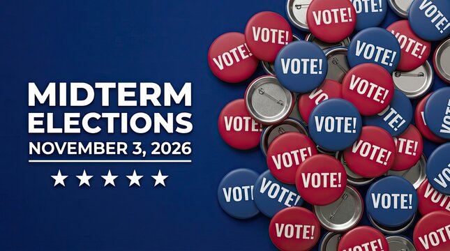 Midterm elections vote buttons with date november 3 2026 on dark background with elections scheduled buttons emphasize representative responsibility participation encouragement announcement red