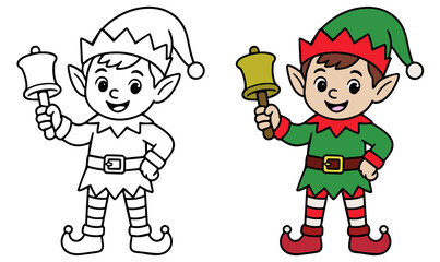 Obraz premium A charming cartoon elf, adorned in a festive green and red outfit and pointy hat, rings a golden bell with a joyous expression, depicted in both a line art and a colored version.
