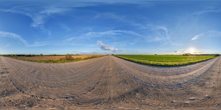 blue sky hdri 360 panorama with awesome clouds on gravel road among fields in spring day in equirectangular full seamless spherical projection, for VR AR content or skydome replacement