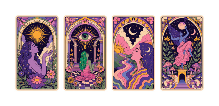 Four colorful psychedelic tarot card illustrations featuring surreal mystical and cosmic themes