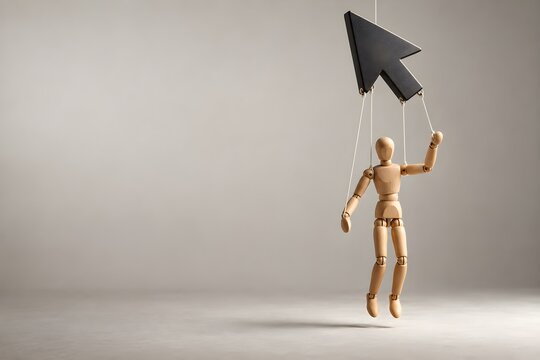 Large Mouse Cursor Controlling a Wooden Puppet with Strings, Online Manipulation Concept