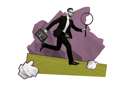 Creative collage young ambitious businessman run discover loop enlarger glass paper trash fragments diplomat suit formalwear boss