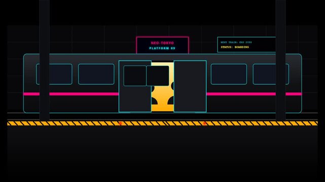 Futuristic Cyberpunk Subway Train Arriving at a Platform Station in a Neon City Night Environment