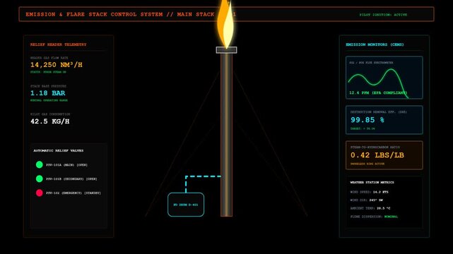 Industrial Flare Stack Monitoring Interface Display Showing Real Time Emission Control Data Metrics