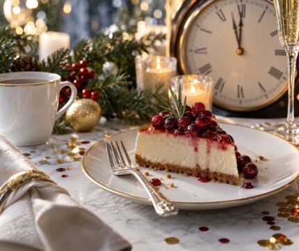 A post-midnight dessert plate with one remaining slice, clean fork, scattered confetti and clock bokeh for Christmas marketing