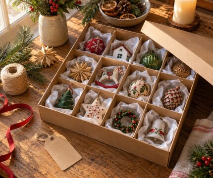 A storage box of carefully wrapped heirloom-style ornaments with blank dividers and tissue for festive holiday marketing and editorial use