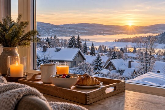 A sunrise over snowy rooftops seen past a breakfast tray and simple evergreen sprig for Christmas advertising and seasonal editorial use