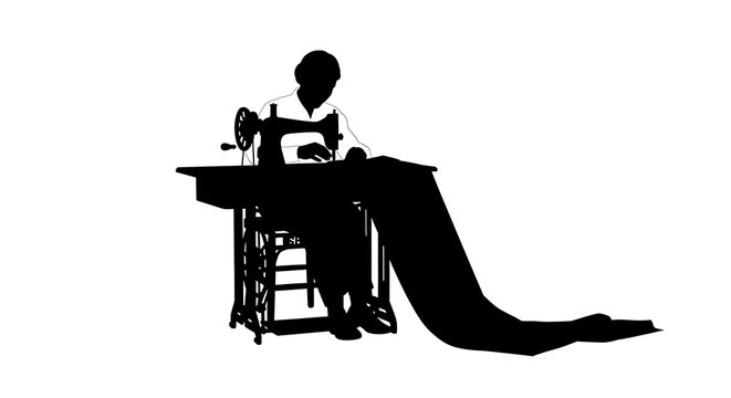 Tailor working on a vintage sewing machine silhouette