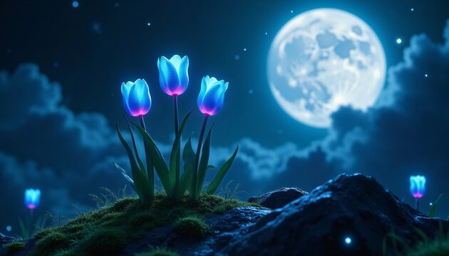 The image appears to be a surreal, fantastical digital artwork depicting glowing blue and purple tulips