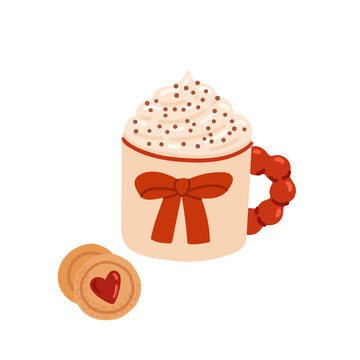 Christmas hot chocolate, hot cocoa with cookies and spices, in fashionable, trendy mug with red bow print. Festive drink, winter holiday food. Hand drawn flat vector illustration