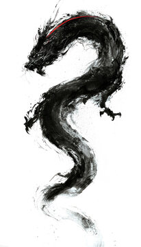 Minimal Chinese Dragon Ink Brush Illustration on White