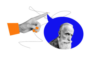 Obraz premium Composite trend artwork sketch image 3D photo collage of gesture finger point speech cloud empty space head old man watch grayhaired beard