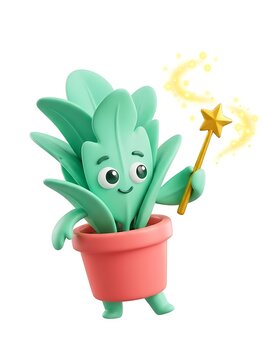 Cute 3d plant character in pink pot holding a magic wand