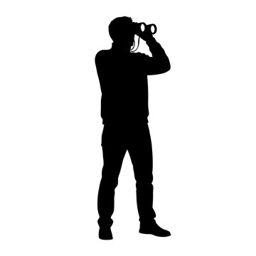 Man looking through binoculars silhouette on white background
