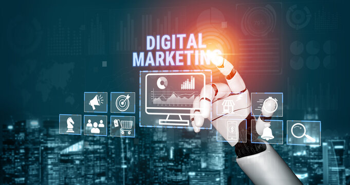 Futuristic Robotics Interaction with Digital Marketing Concepts in Urban Landscape at Night Quark.