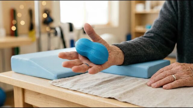 Elderly man squeezing stress ball in hand for hand rehabilitation. Senior person exercising grip strength in physical therapy clinic
