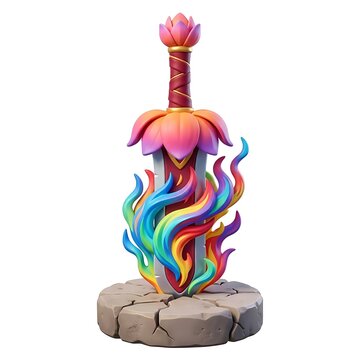 Stylized fantasy lotus sword with colorful flames in cracked stone