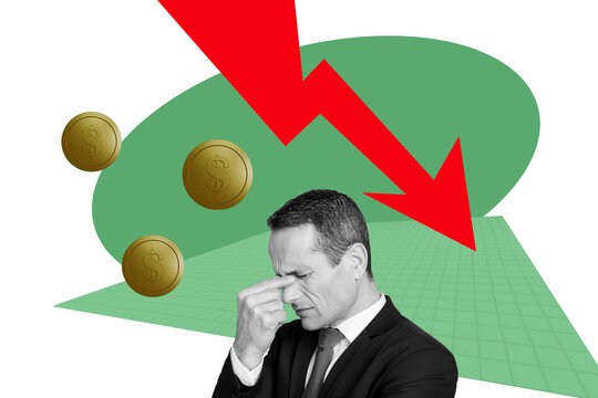 Creative picture collage mature businessman suffer headache migraine dynamic arrow falling down investing inflation economy