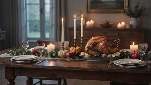 Thanksgiving table setting with roasted turkey, lit taper candles, wine glasses, autumnal foliage, and pumpkins for a festive holiday celebration